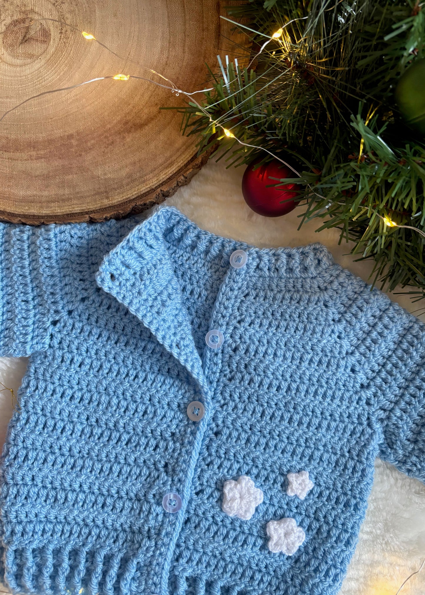 Handmade Crochet Merry and Bright Embroidered Baby Blue Christmas Cardigan